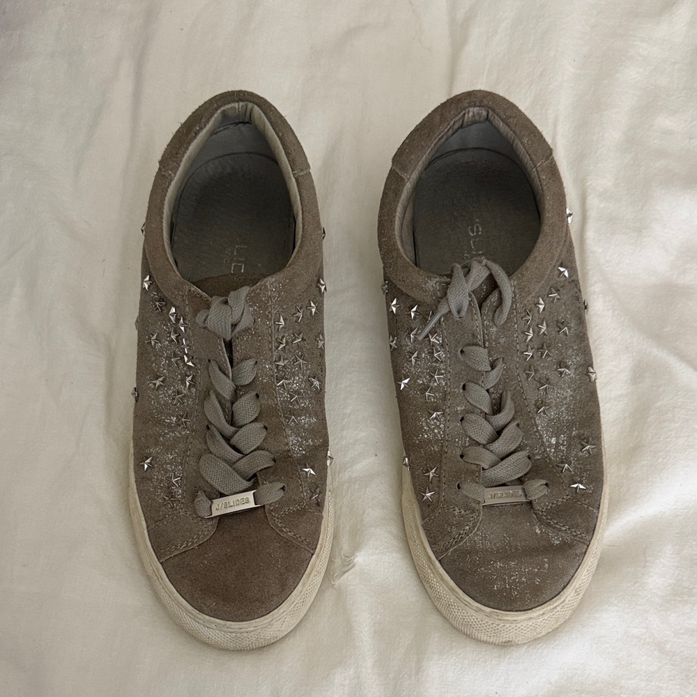 J Slides Taupe Suede Star-Embellished Lace-Up Sneakers